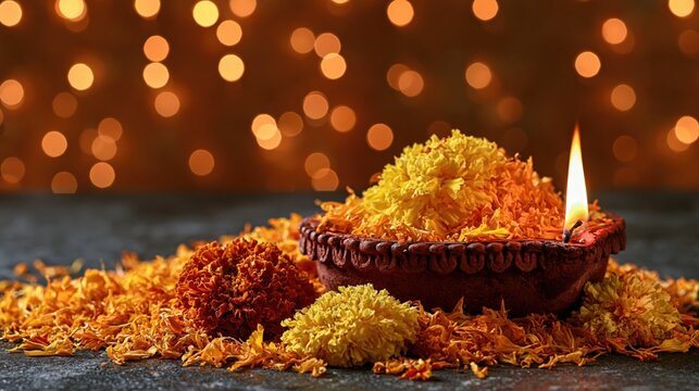 Diya lamp on dark surface surrounded by scattered yellow and orange flowers