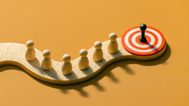 Early goal achievement concept with the text target wooden figurines reaching a goal