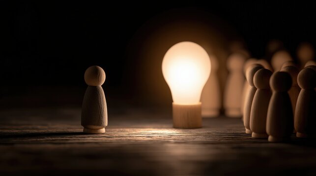 Innovation and creative thinking concept with a miniature wooden figure standing in front of a glowing light bulb