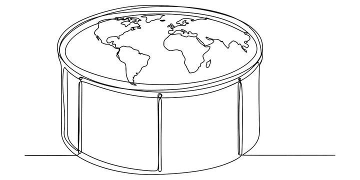 Continuous line drawing of world map globe on round cylinder frame for modern decor travel concept design illustrations.