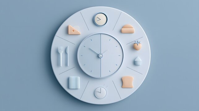 Minimalist clock with food icons and schedule markings on a soft blue background. Ideal for intermittent fasting and meal timing concepts.