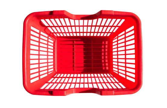 Overhead view of a vibrant red plastic shopping basket on png, shopping basket, red basket, plastic basket, store basket, supermarket basket, shopping container, retail, grocery, market, container