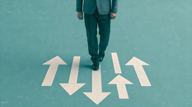 A businessman walking on a road with directional arrows pointing in opposite ways under bright daylight. Business strategy concept for corporate decision making.