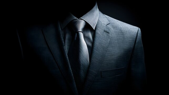 A headless businessman in a dark suit and tie with dramatic rim lighting. Corporate concept for business power and anonymous identity.