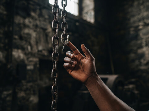 Black Man Hand Reaching Out and Touching a Heavy Metal Chain in a Dark Industrial Workshop