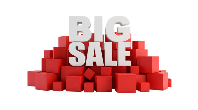 Big sale sign on pile of red boxes with discount marketing shopping promotion on transparent background
