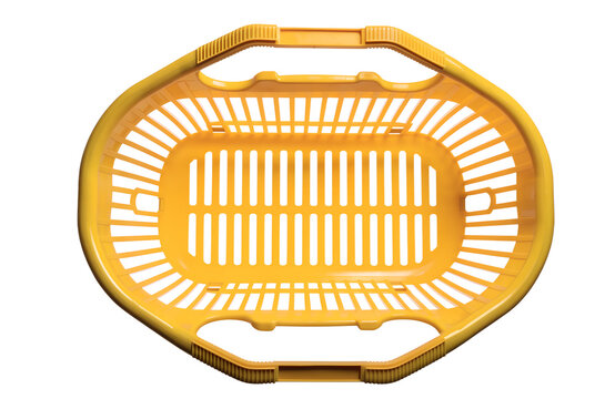 Overhead view of a vibrant yellow plastic shopping basket png, shopping basket, green basket, plastic basket, store basket, supermarket basket, shopping container, retail, grocery, market, container