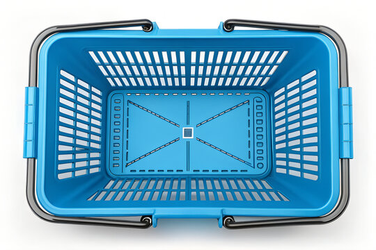 Overhead view of a vibrant blue plastic shopping basket on png, shopping basket, green basket, plastic basket, store basket, supermarket basket, shopping container, retail, grocery, market, container