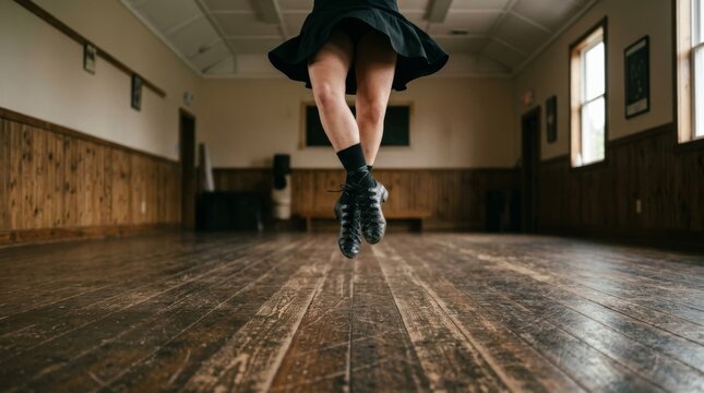 A person performs a high jump while wearing traditional irish dance shoes and clothing.