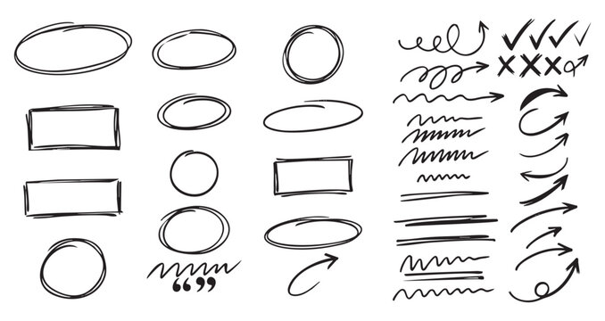 Chalk marker scribble circle curve tick sign grunge blackboard background. Arrow hand drawn line set. underline check brush doodle sketch highlight. .