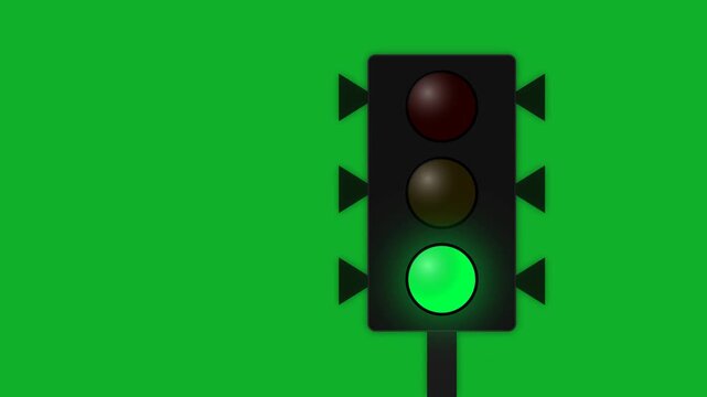 Traffic light animation with green light shining on a vibrant green screen background