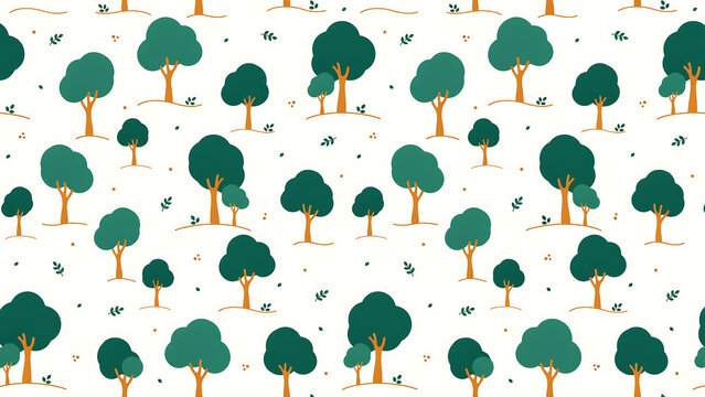 Repeating pattern of cartoonish green trees with orange trunks and tiny leaf sprigs on a creamy white backdrop