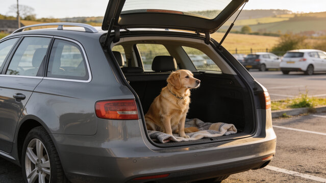 Dog sitting in the open boot of an estate car looking