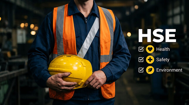 Industrial worker holding safety helmet with HSE health and safety text overlay