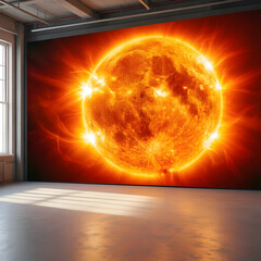Fototapeta premium Renewable energy and solar power concept, giant sun mural on office wall with bright light reflection on floor in modern interior space for climate action