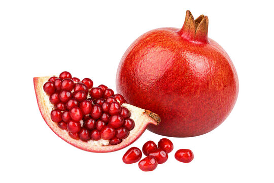 Fresh red pomegranate fruit isolated PNG, whole and cut pomegranate with arils on transparent background, healthy superfood
