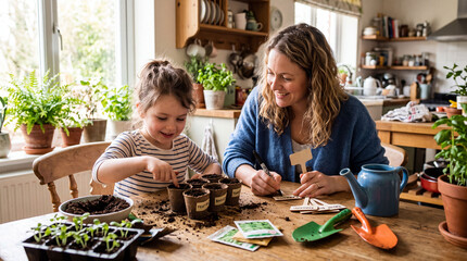 Naklejka premium Parent and child planting seeds at the kitchen table