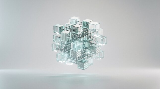 3D Abstract Render of Central Cubic Blockchain Structure with Encryption Light and Copy Space (16:9 Widescreen)