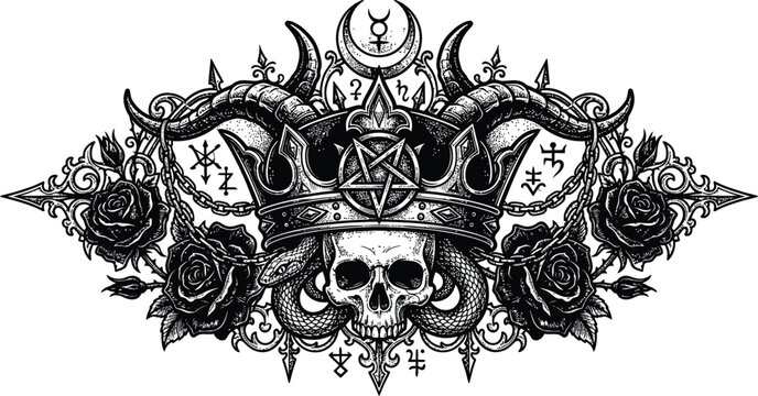 Occult gothic human skull with serpent, demon horns, dark crown featuring a pentagram, black roses, chains, crescent moon, and esoteric alchemy symbols for mystical dark magic tattoo.