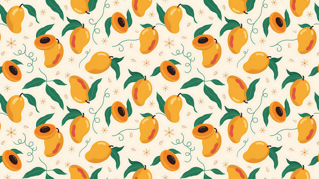 Seamless pattern of yellow mangoes, sliced mangoes, green leaves, and tiny star-shaped flowers on a light beige background