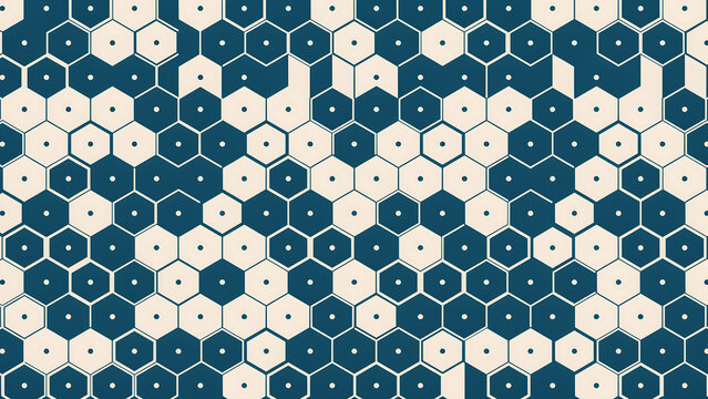 Geometric pattern of interlocking teal and cream hexagons with small black dots, creating a honeycomb-like texture