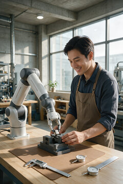 Factory technician and collaborative robot performing accurate