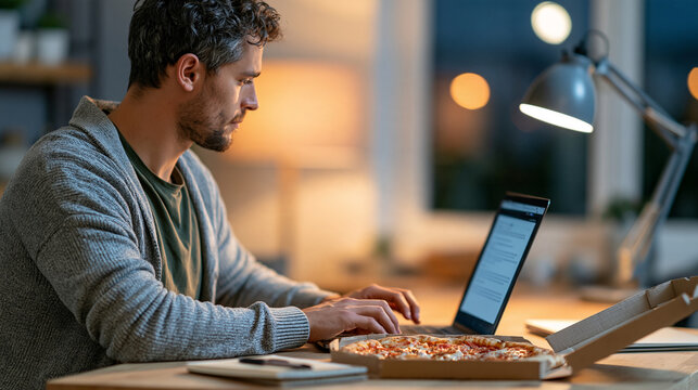 Faceless young man in a cozy cardigan typing on a laptop beside an open pizza box late at night, face turned away toward the screen, remote work and food delivery concept, warm lam