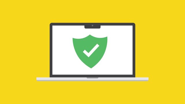 Laptop with shield and check mark animation. Right mark with protect shield. Motion graphic.