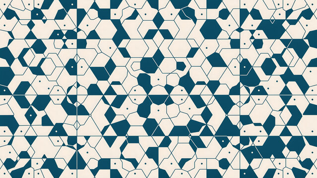 Abstract geometric pattern of intersecting teal and cream shapes including hexagons, triangles, and irregular polygons with small dots