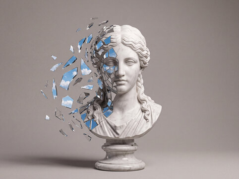 Busto de escultura de m&aacute;rmol femenino fragmentado en espejos que reflejan el cielo, concepto surrealista de salud mental, identidad y tecnolog&iacute;a del futuro