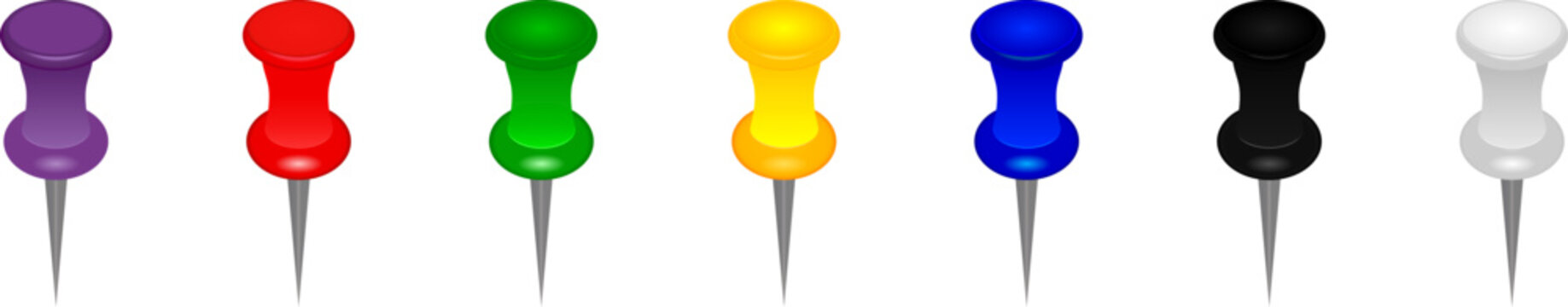 Push pin set in seven colors. Colorful thumbtacks. Office stationery supplies. Paper fastening concept