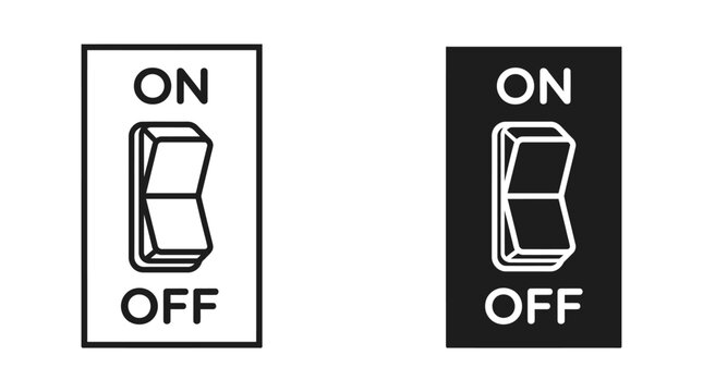 Minimalist rocker light switch icons in on and off positions with black and white variations isolated on white background for smart home interface and electrical hardware design vector