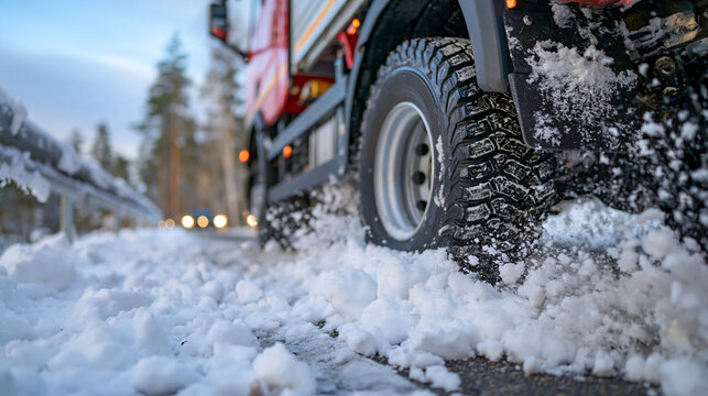 Close-up of a heavy delivery truck navigating a snow-covered mountain road during a winter storm, rugged tires gripping compacted snow, snow spray surrounding the wheels, icy pavement and frosted gu