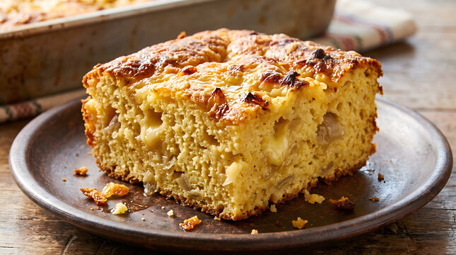 Hyper Realistic 9K Clear Daylight Hero Angle Close Up Paraguayan Sopa Paraguaya Cornbread Food Photography