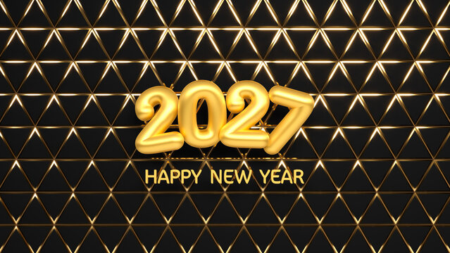 2027 Happy New Year 3D text with gold glossy numbers and glowing golden triangles on black background