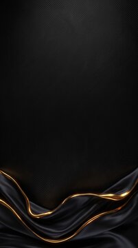 Abstract background with black carbon fiber texture and flowing silk fabric waves featuring golden glowing edges.