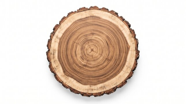 Wooden log slice with visible tree rings isolated on white background