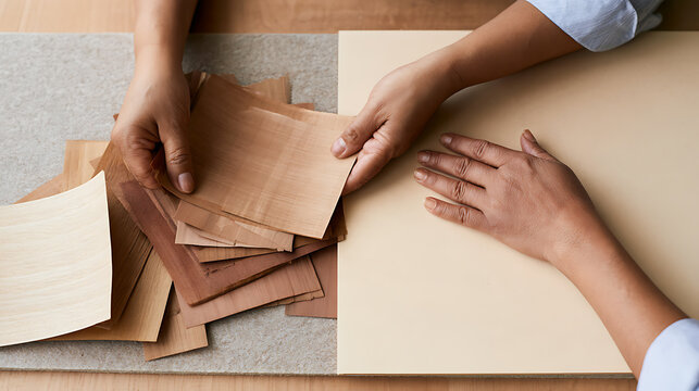 Creative designer hand select wooden veneer sample material for interior architecture project mood board presentation layout in professional studio