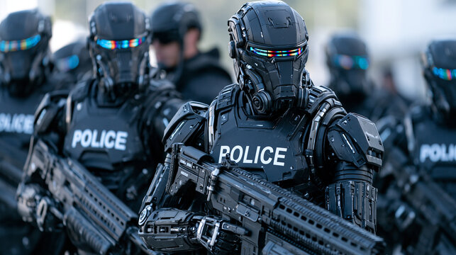 A group of at least 5 heavily armed black police robots standing together, each carrying a different laser weapon, white lettering "POLICE" on their chests, a visor at eye level sh