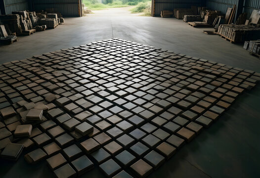 Manufacturing and industrial production, large grid of square stone tiles arranged on warehouse floor for construction supply and building materials