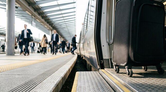 Sleek commuter train with open doors waits at a sunny station platform as a black rolling suitcase sits just inside and travelers walk past