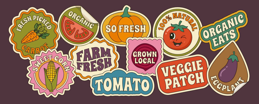 Assorted fresh vegetable stickers and organic food labels featuring carrots tomatoes corn and eggplant isolated on a dark background for healthy eating marketing and farm shop graphic design
