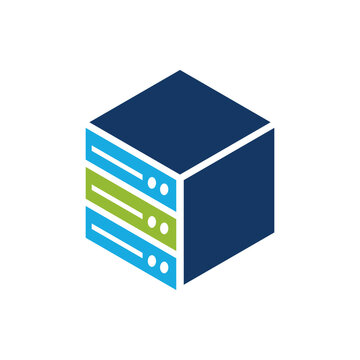 Server rack logo featuring a three dimensional geometric data cabinet with stacked server units, blue and green accents