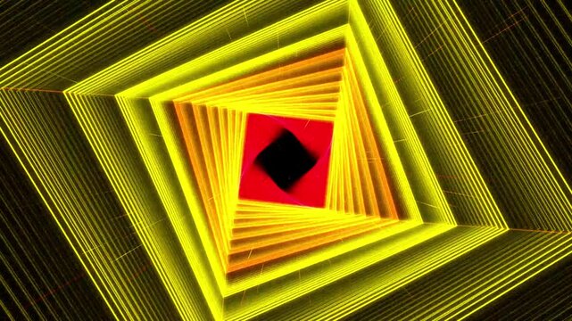 Neon square tunnel abstract background, hypnotic glowing geometric motion loop, futuristic digital animation in yellow and red