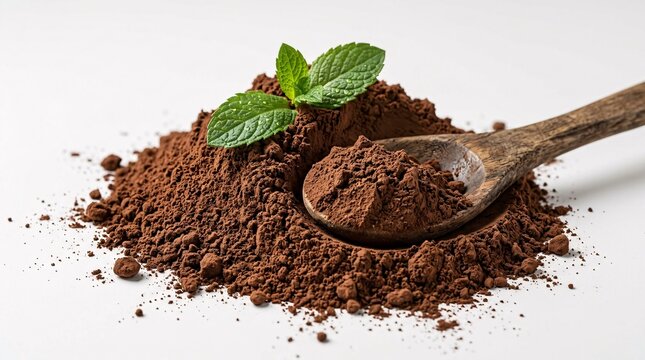 Rich dark chocolate cocoa powder mounds on a white background with a wooden spoon scooping fine dust and two fresh mint leaves on top