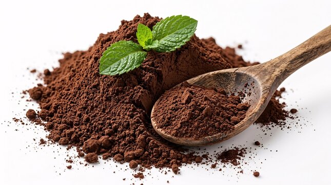 Rich dark chocolate cocoa powder mounds on a white background with a wooden spoon scooping fine dust and two fresh mint leaves on top