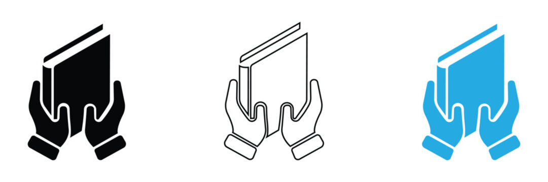 Hands holding book icon set. Open book in hand symbol for education reading and knowledge sharing. Library study material vector illustration for web and app design.