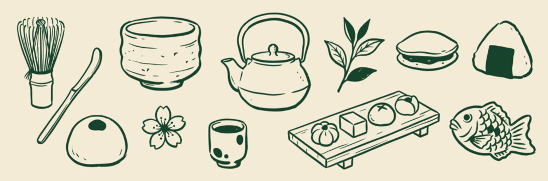 Japanese food and tea ceremony icon set featuring matcha whisk and traditional snacks in clean line art vector style for cafe menu branding and cultural culinary blog illustrations on beige