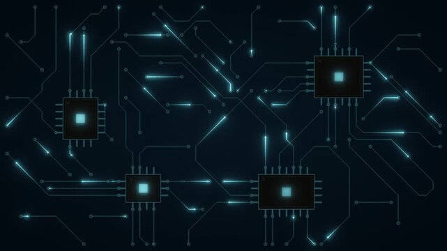 Glowing circuit board with data pulses flowing through PCB traces, seamless loop technology background