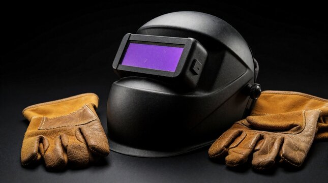 Black welding helmet with purple lens sits between leather gloves on dark background. Professional protective gear for metalwork. Safety equipment for welder including face shield, heavy duty hand